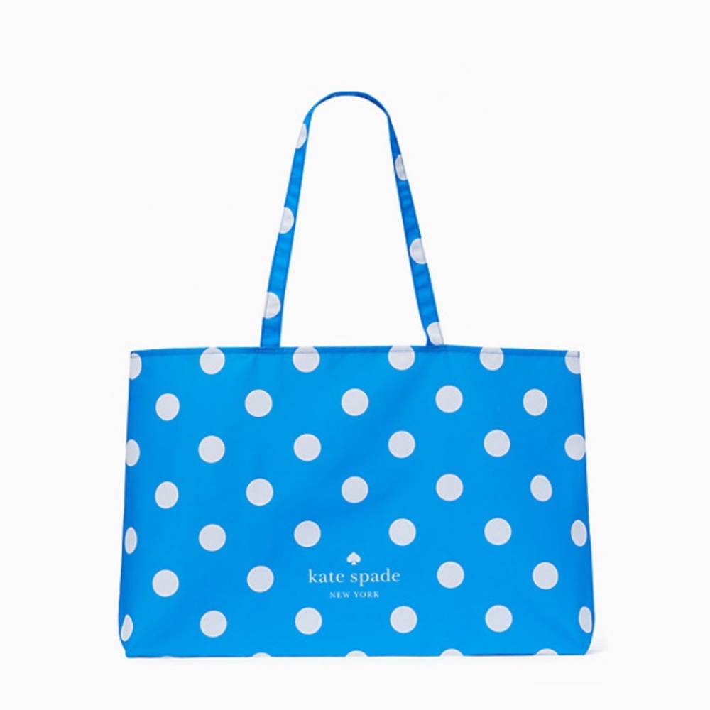 ♠️Kate Spade Polka Dots Dot XL Packable Canvas Shopping Tote Beach Bag, Blue NEW